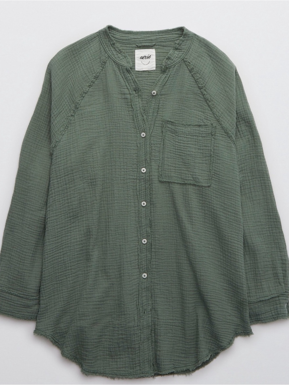 Aerie Olive Green Gauzy Coverup Button-Front Shirt